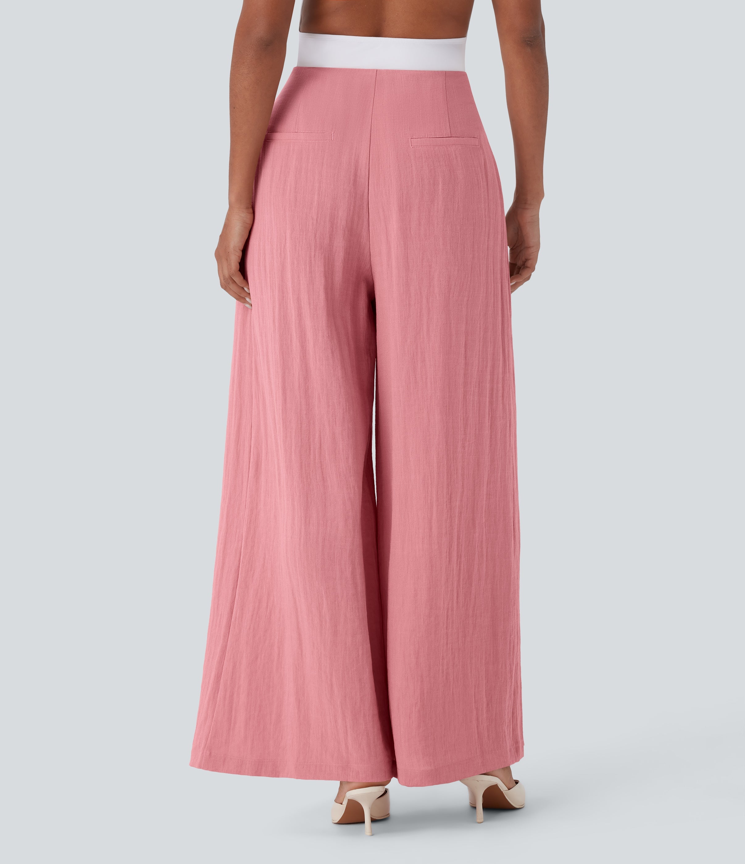 High Waisted Linen-Feel Work Wide Leg Pants with Pockets