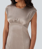 Round Neck Ruched Midi Satin Work Dress with Pockets
