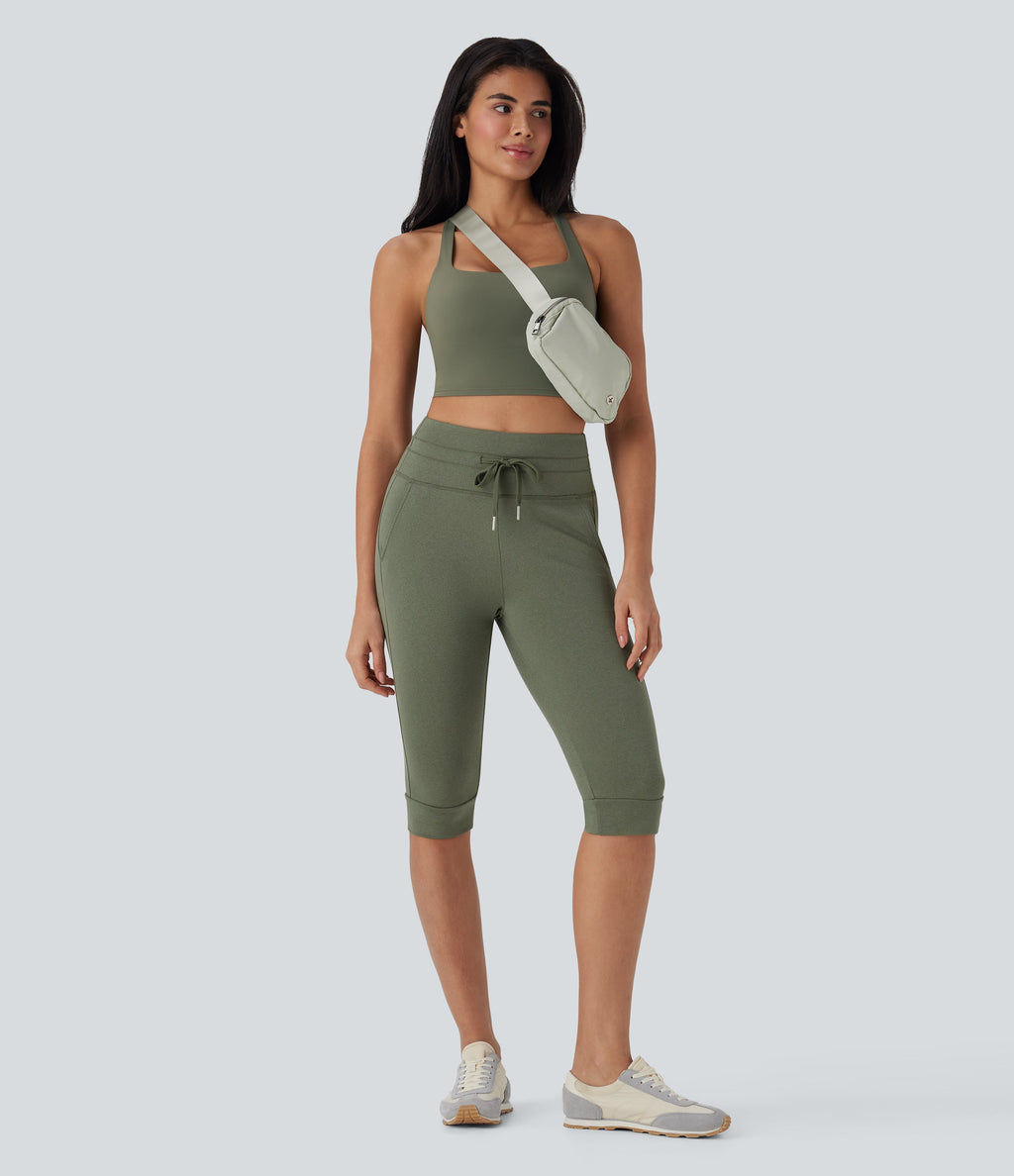 High Waisted Drawstring Pedal Pusher Quick Dry Yoga Joggers with Pockets