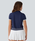 Polo Button Front Short Sleeve Casual Sweater Knit Top