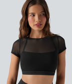Halter Short Sleeve Contrast Mesh 2-in-1 Cropped Yoga Sports Top