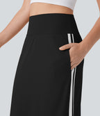 SoftlyZeroTM QuickDry SoCinched High Waisted Tummy Control 2-in-1 Color Block Midi Workout Skirt with Pockets
