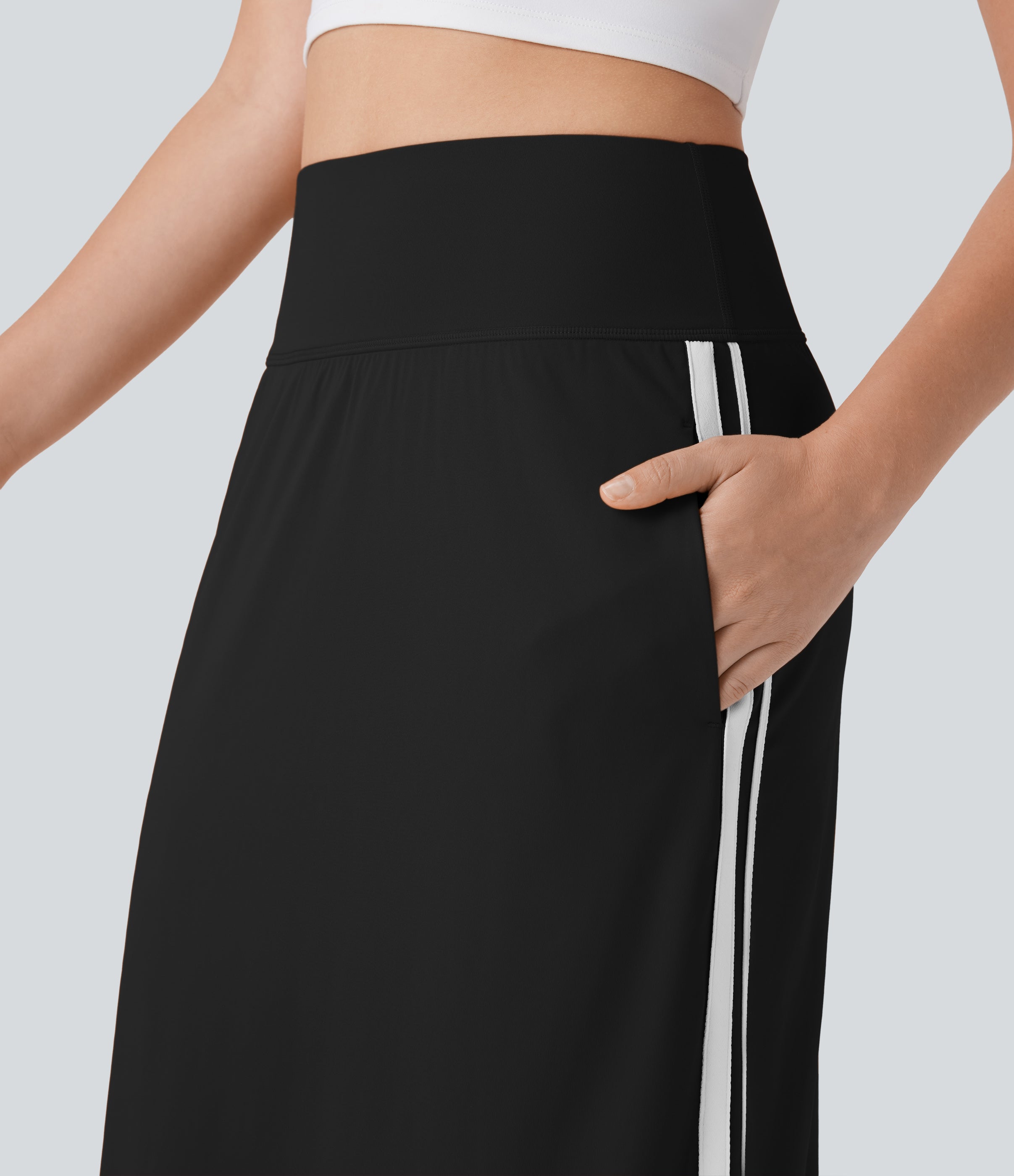 SoftlyZeroTM QuickDry SoCinched High Waisted Tummy Control 2-in-1 Color Block Midi Workout Skirt with Pockets
