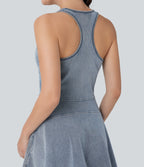 FlexTM Racerback Sleeveless Half Zipper Mini Washed Denim Casual Dress