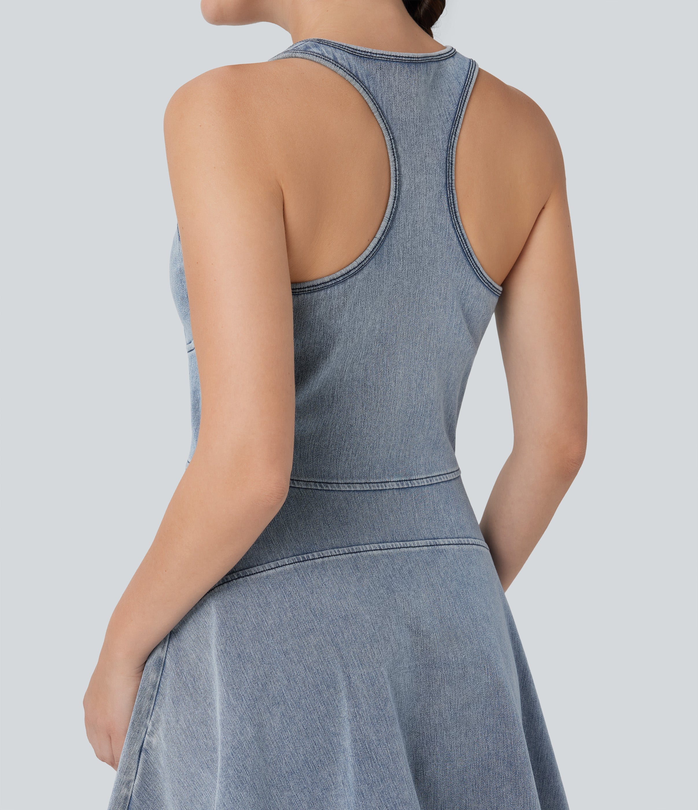 FlexTM Racerback Sleeveless Half Zipper Mini Washed Denim Casual Dress