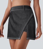 FlexTM High Waisted 2-in-1 Cool Touch Washed Denim Mini Tennis Skirt with Pocket