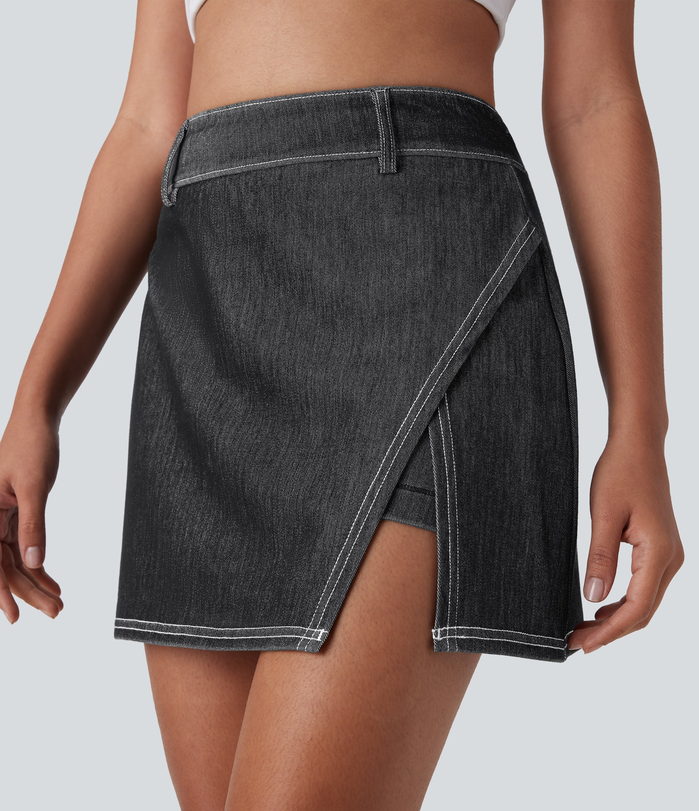 FlexTM High Waisted 2-in-1 Cool Touch Washed Denim Mini Tennis Skirt with Pocket