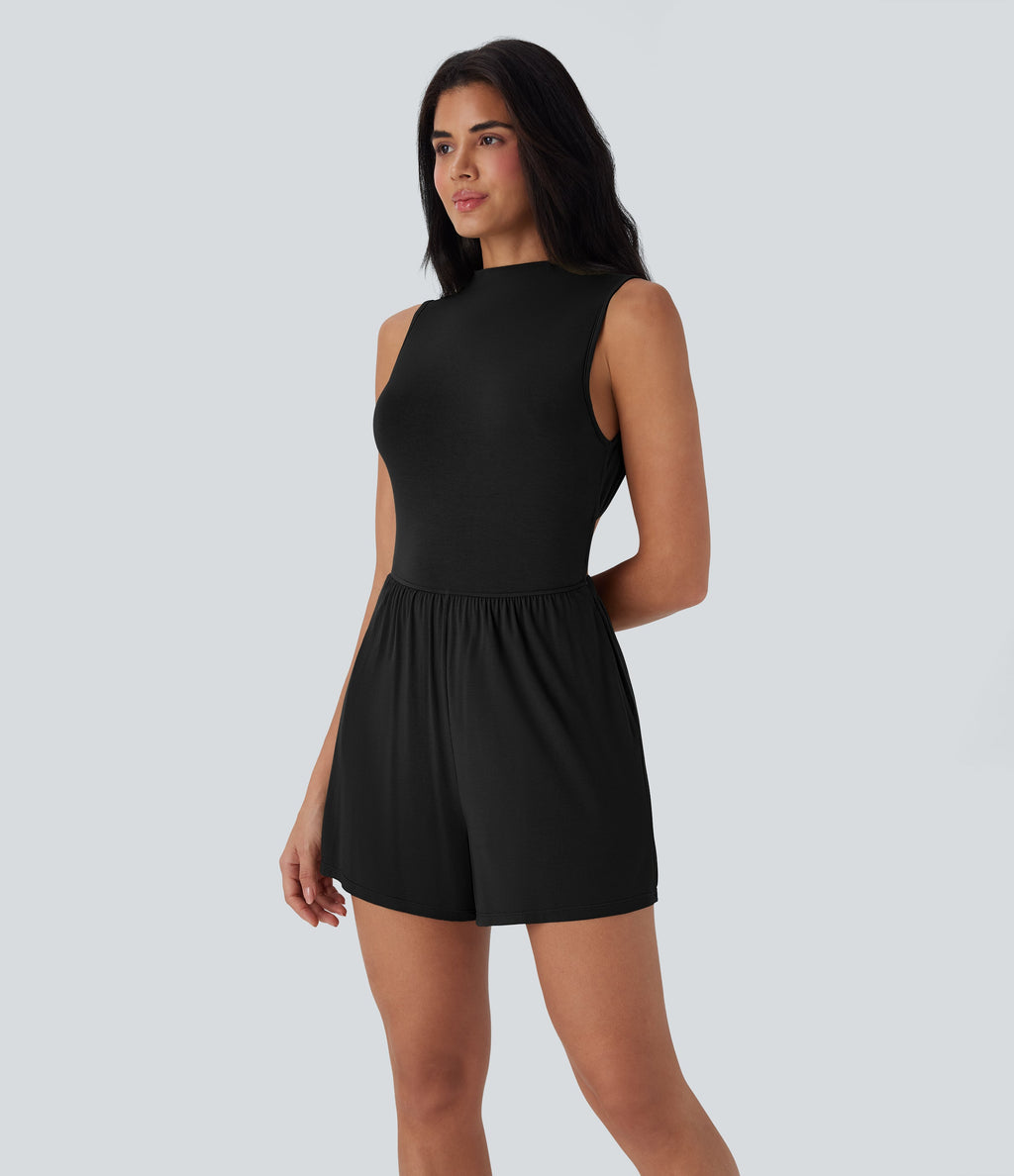 Mock-Neck Sleeveless Casual Jumpsuit with Pockets-Easy Peezy