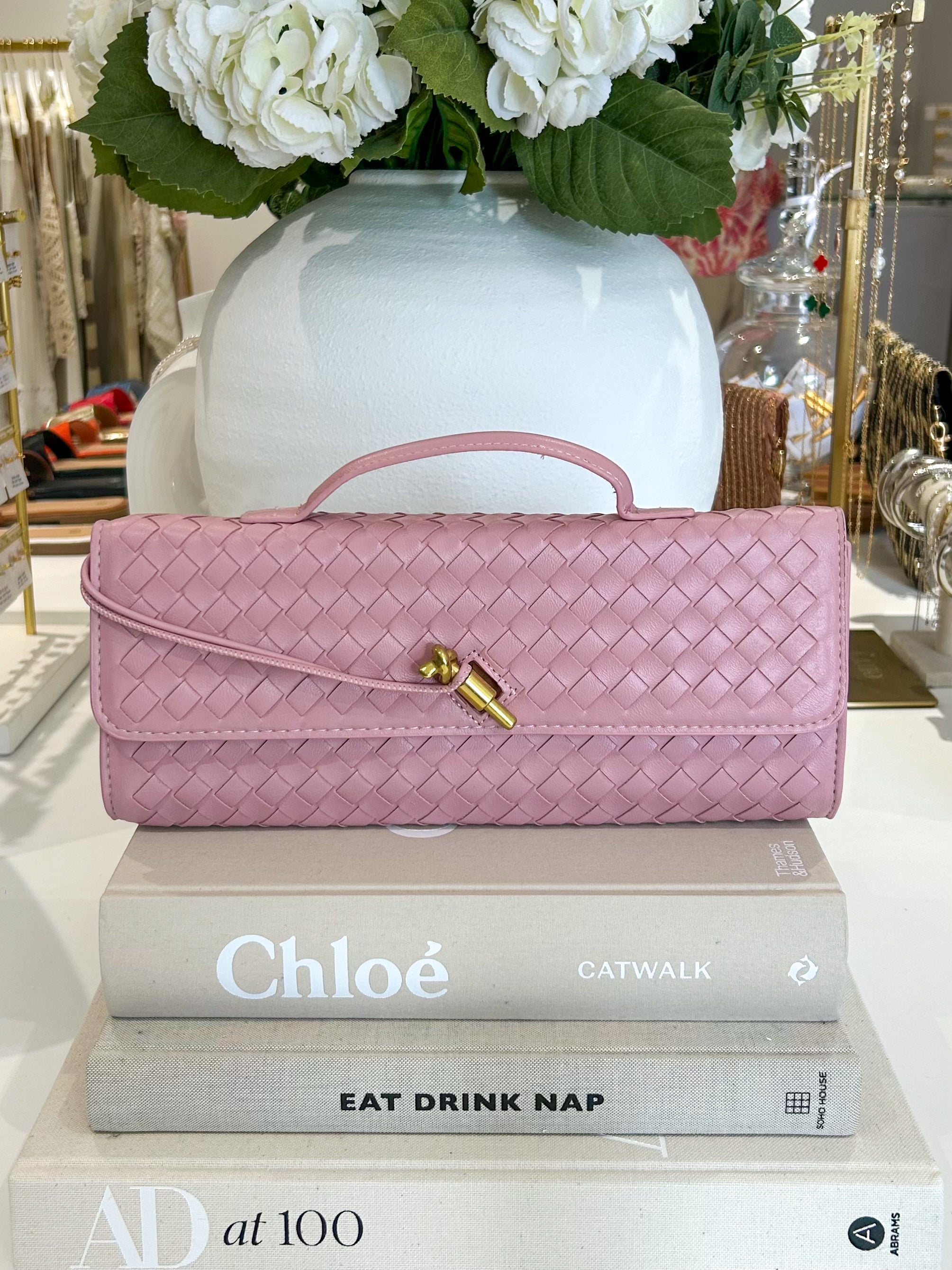 Woven Rectangle Envelope Gold Rod Fasten Clutch Bag (15 Colours)