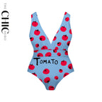 Sky Blue Fresh & Fun Tomato Print One-Piece Swimsuit&Skirt