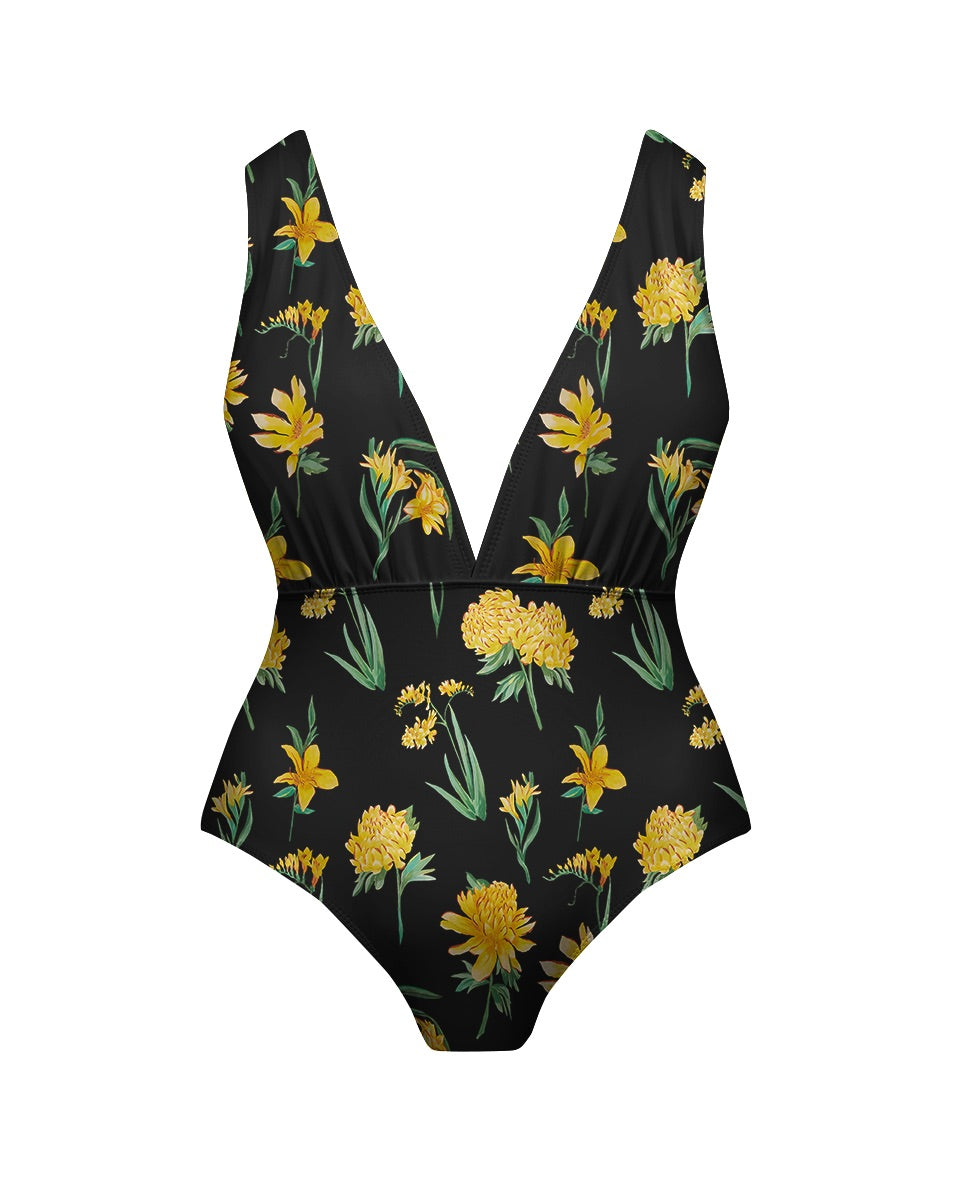 Yellow Floral Print One-Piece Swimsuit&Pants