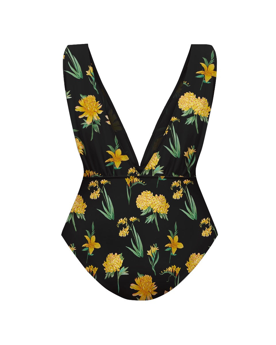 Yellow Floral Print One-Piece Swimsuit&Pants