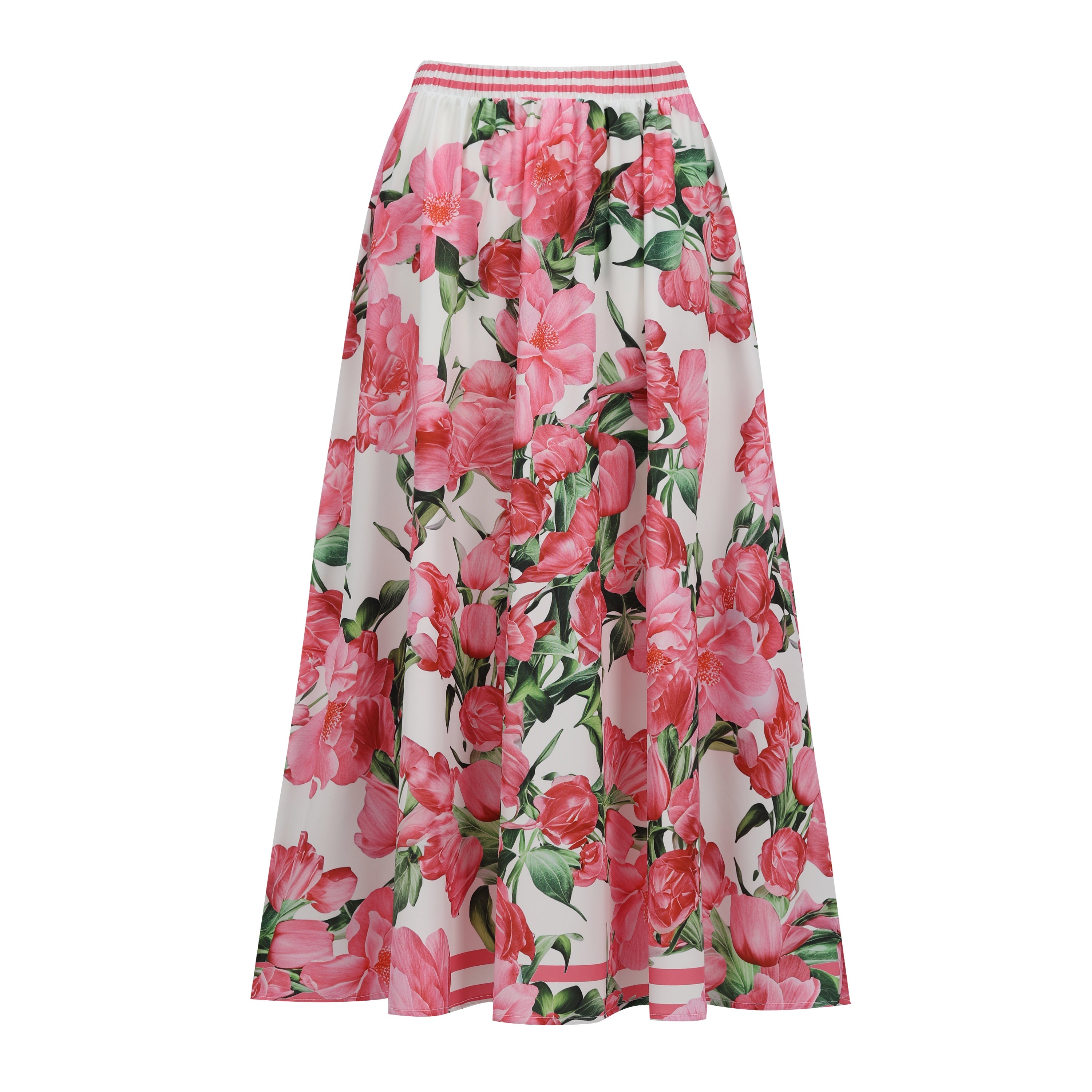 Pink Floral Patterned One-Piece Swimsuit&Skirt