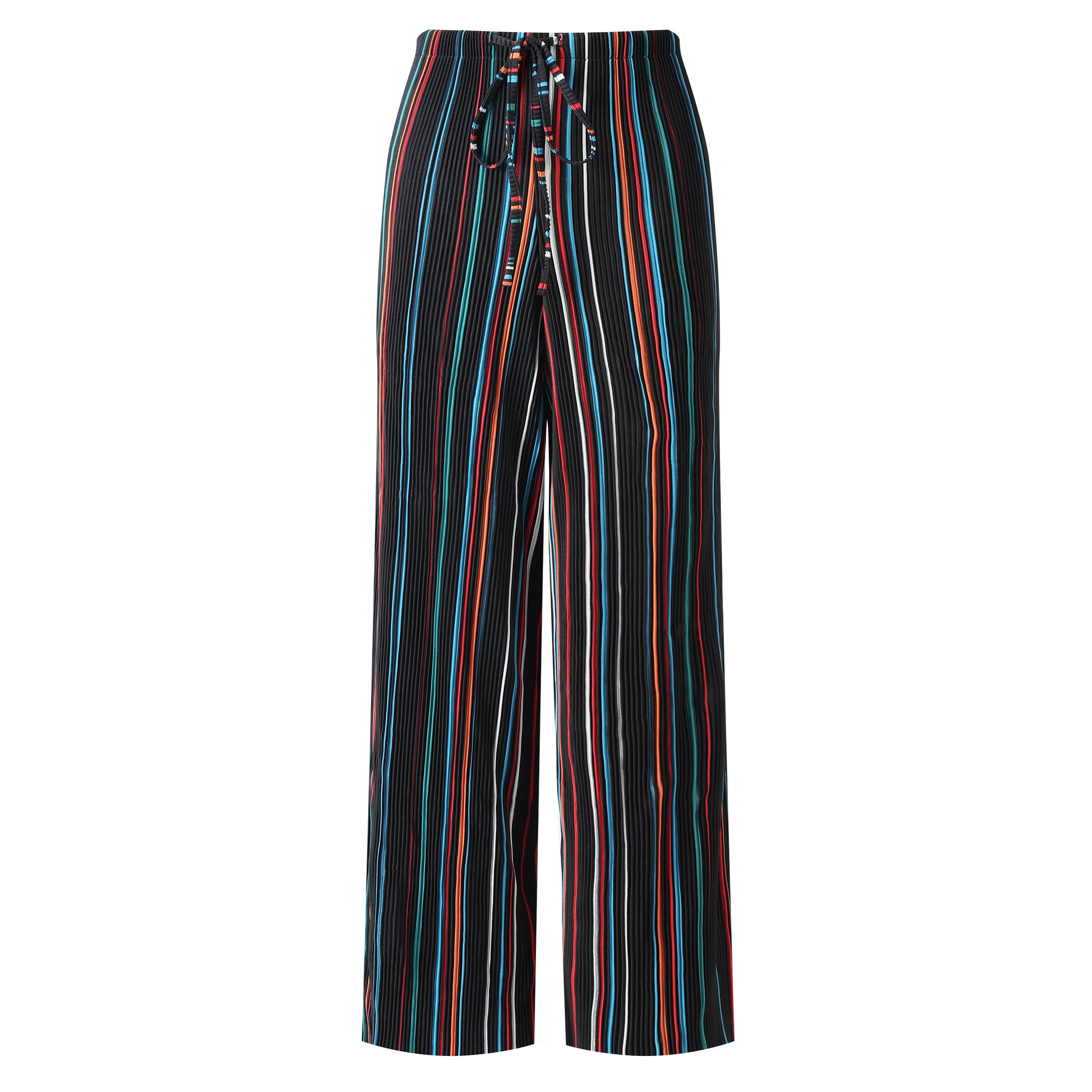 Black Stripe Abstract Print Wide-Leg Drawstring Palazzo Pleated Pants PLUS(2XL-3XL)
