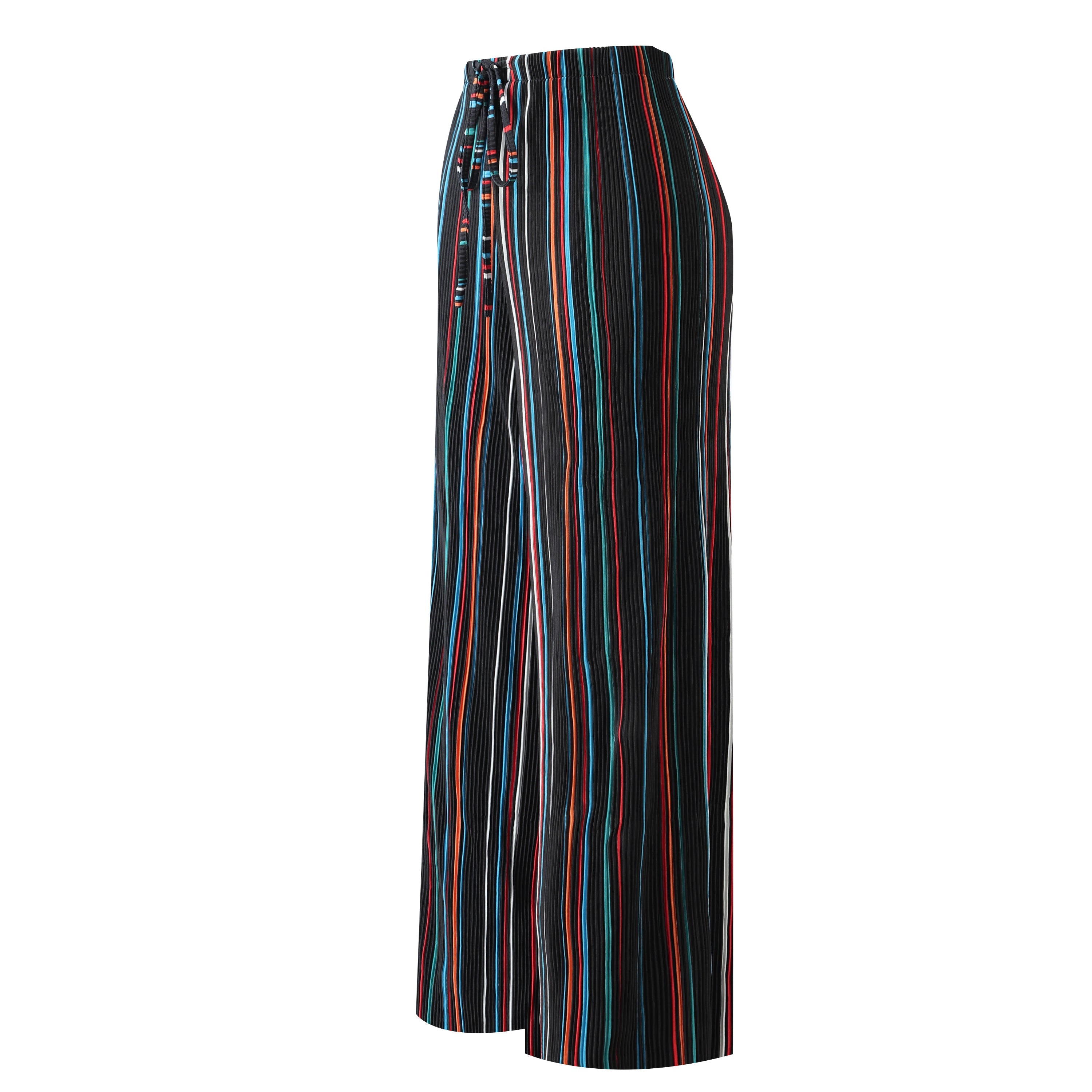 Black Stripe Abstract Print Wide-Leg Drawstring Palazzo Pleated Pants CORE(0XL-XL)