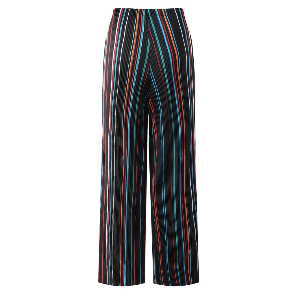 Black Stripe Abstract Print Wide-Leg Drawstring Palazzo Pleated Pants CORE(0XL-XL)