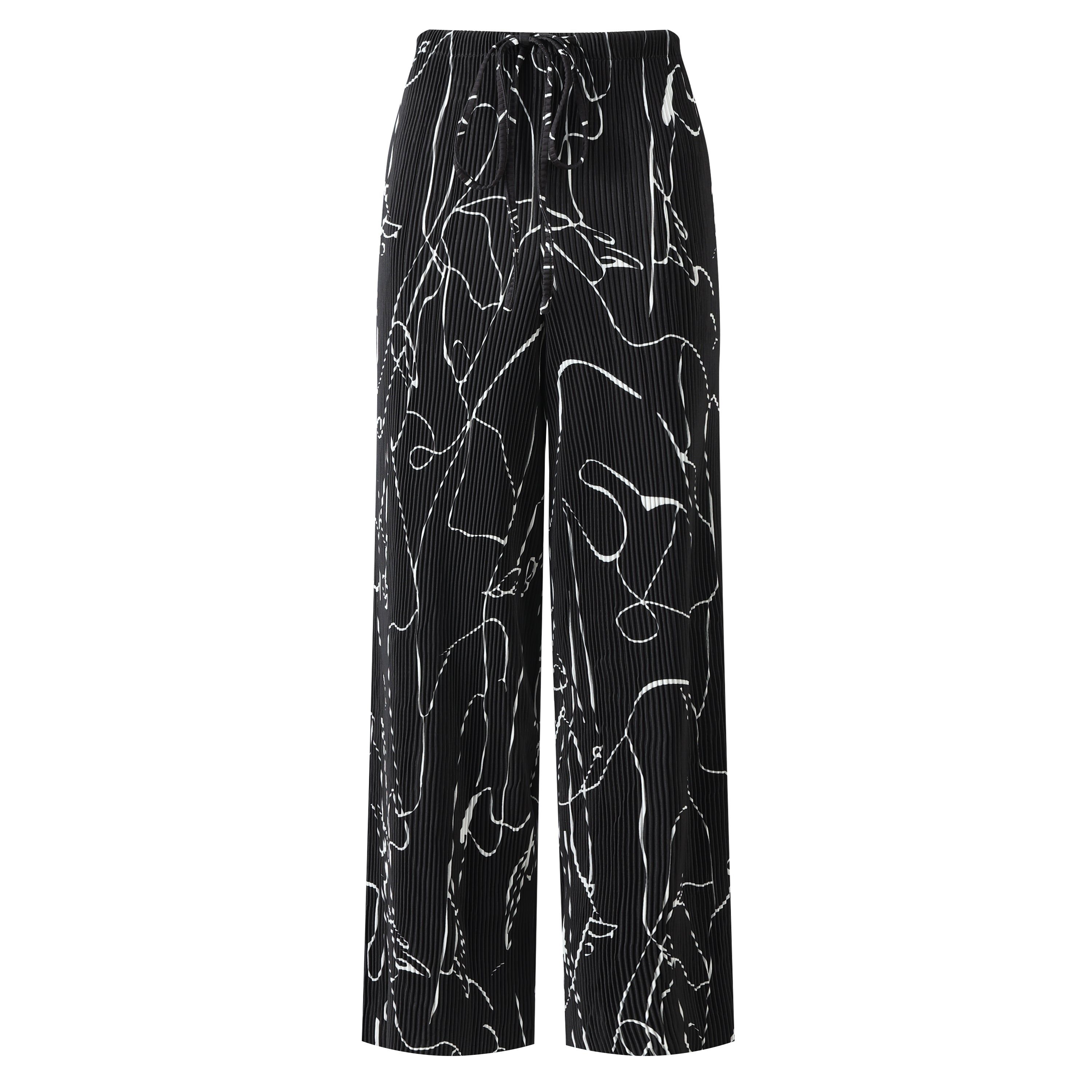 Black Line Art Abstract Print Wide-Leg Drawstring Palazzo Pleated Pants CORE(0XL-XL)