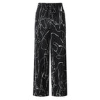 Black Line Art Abstract Print Wide-Leg Drawstring Palazzo Pleated Pants XXPLUS(6XL+)