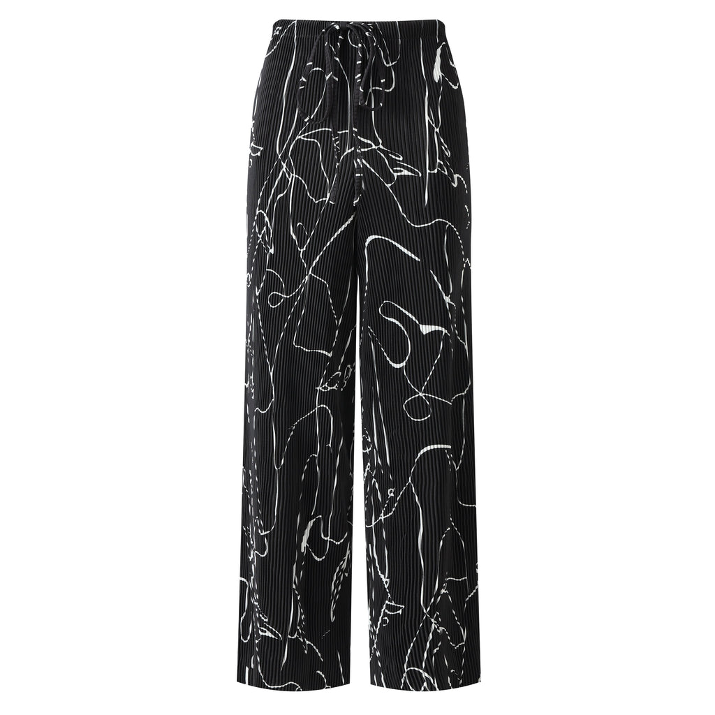 Black Line Art Abstract Print Wide-Leg Drawstring Palazzo Pleated Pants PLUS(2XL-3XL)