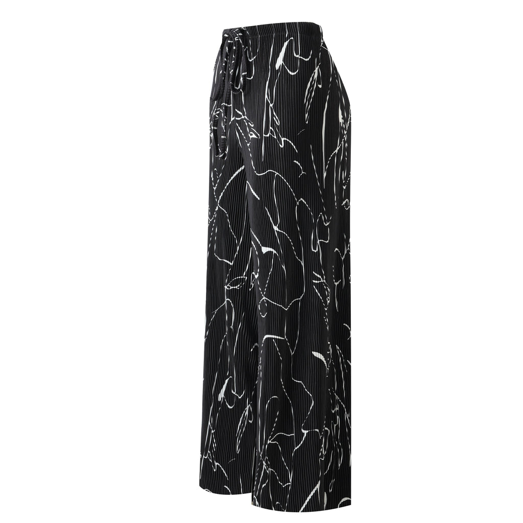 Black Line Art Abstract Print Wide-Leg Drawstring Palazzo Pleated Pants PLUS(2XL-3XL)