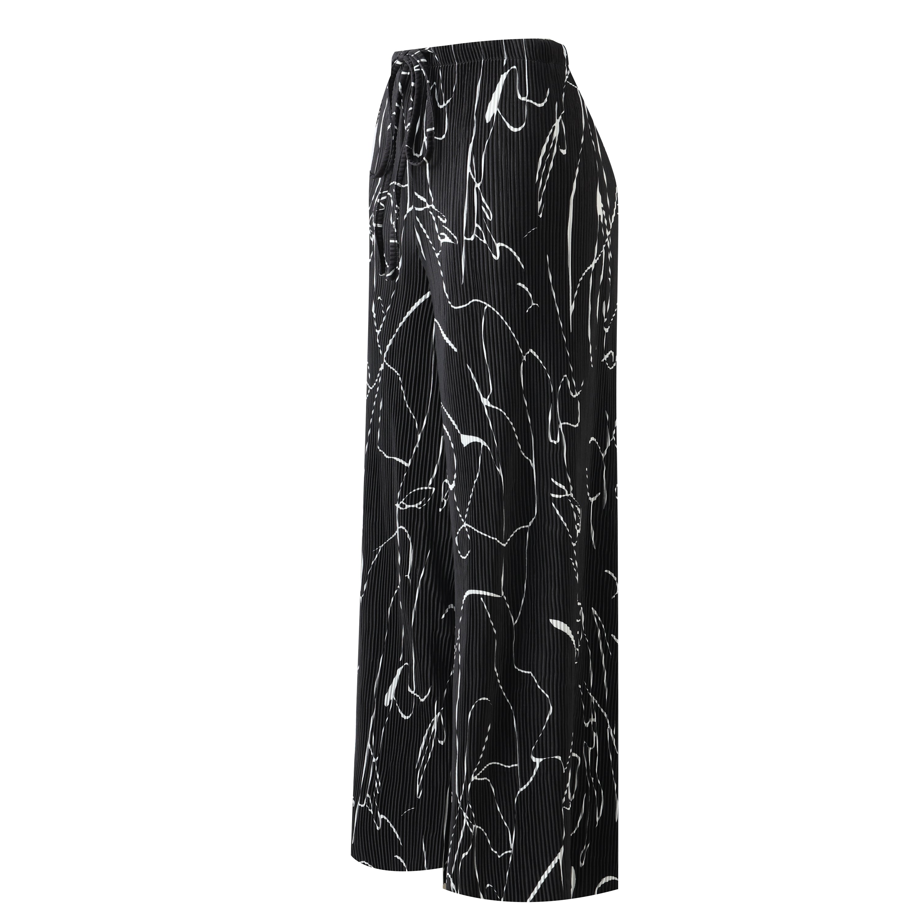 Black Line Art Abstract Print Wide-Leg Drawstring Palazzo Pleated Pants PLUS(2XL-3XL)