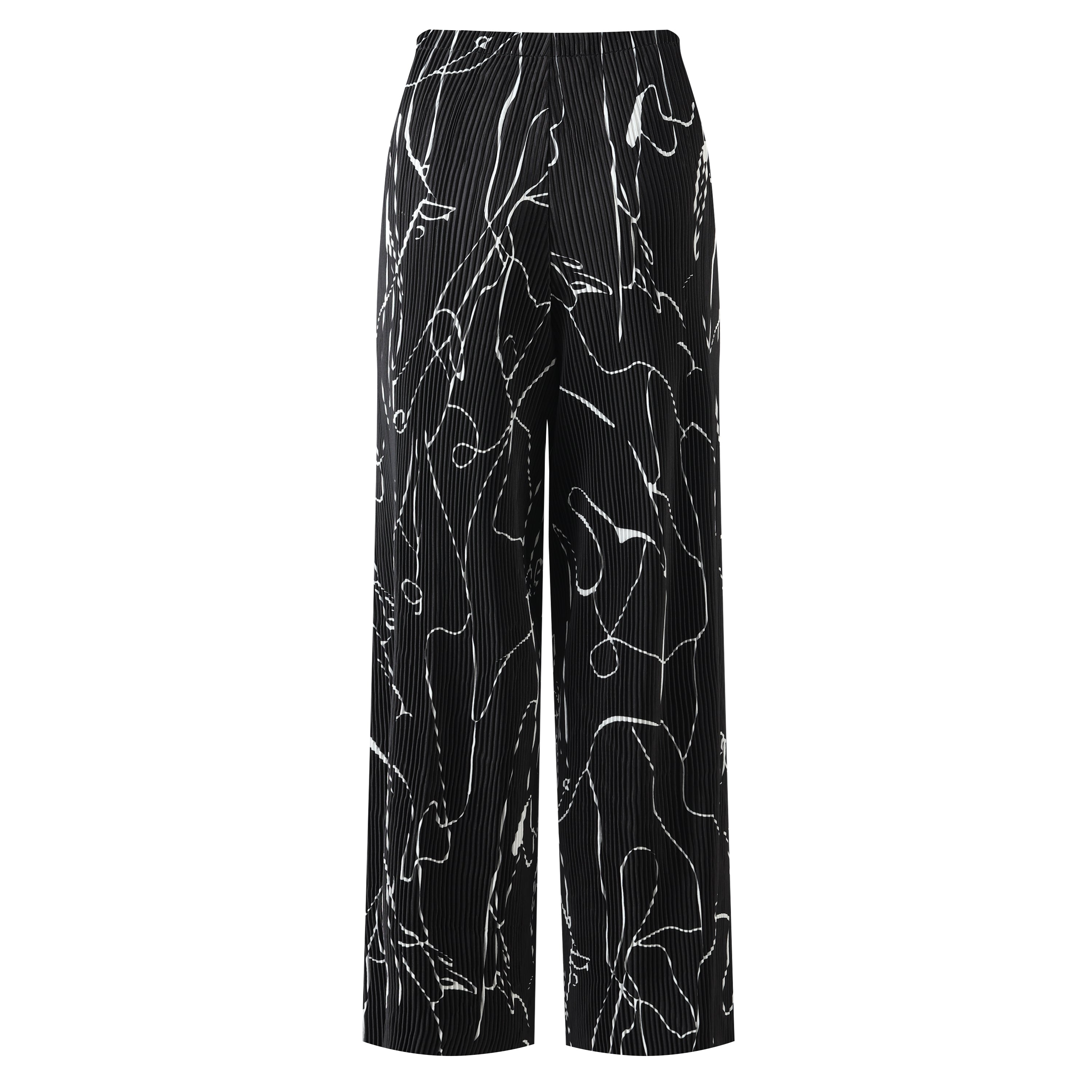 Black Line Art Abstract Print Wide-Leg Drawstring Palazzo Pleated Pants CORE(0XL-XL)
