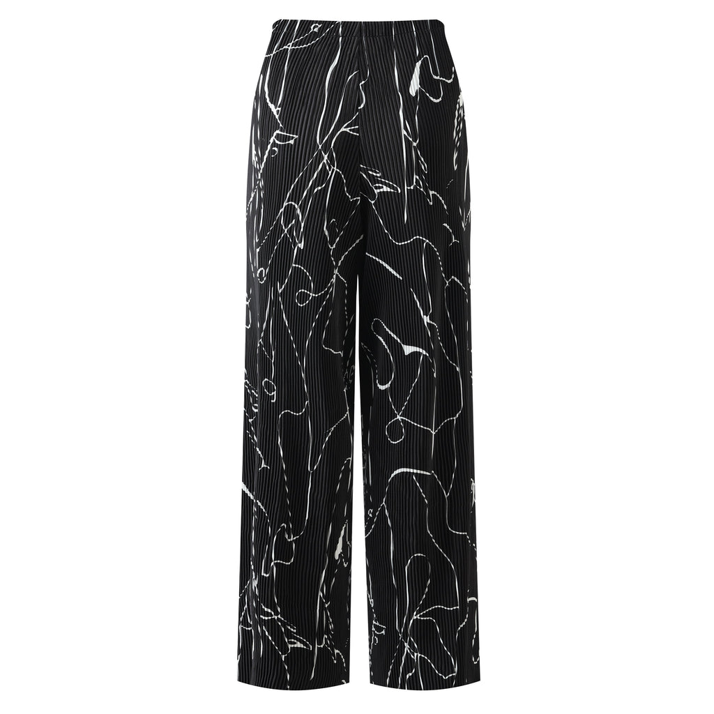 Black Line Art Abstract Print Wide-Leg Drawstring Palazzo Pleated Pants PLUS(2XL-3XL)