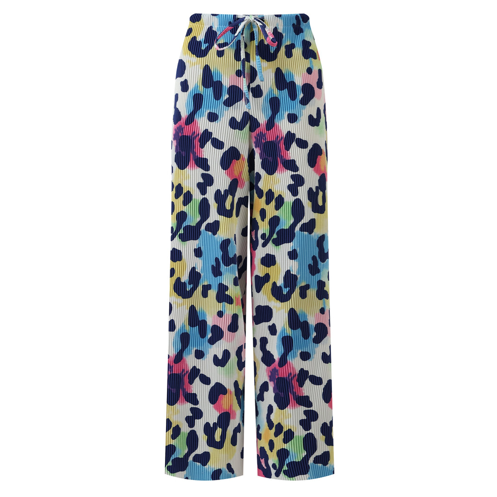 Colorful Leopard Print Abstract Print Wide-Leg Drawstring Palazzo Pleated Pants