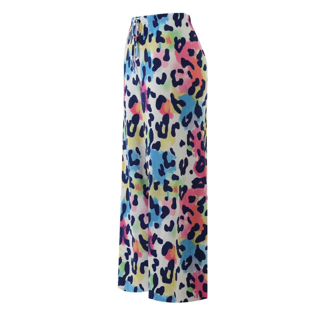 Colorful Leopard Print Abstract Print Wide-Leg Drawstring Palazzo Pleated Pants