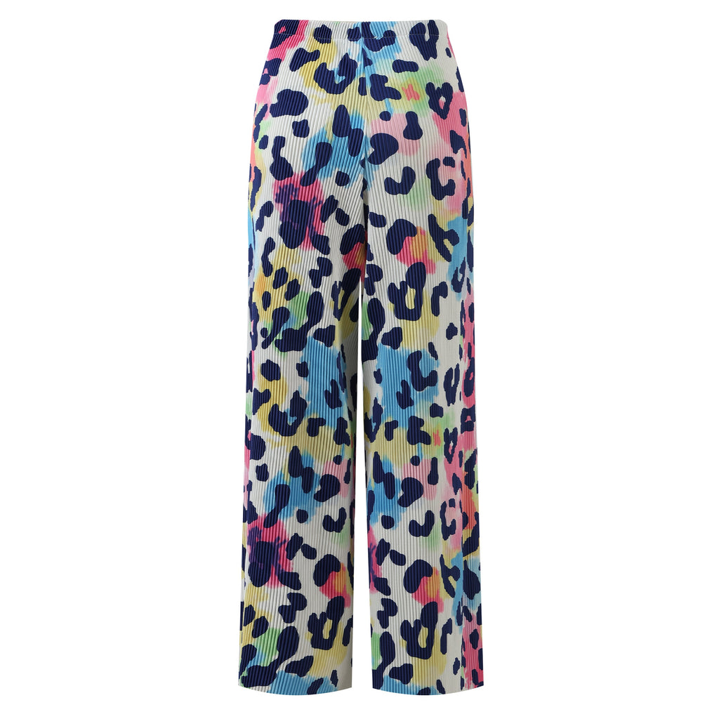 Colorful Leopard Print Abstract Print Wide-Leg Drawstring Palazzo Pleated Pants
