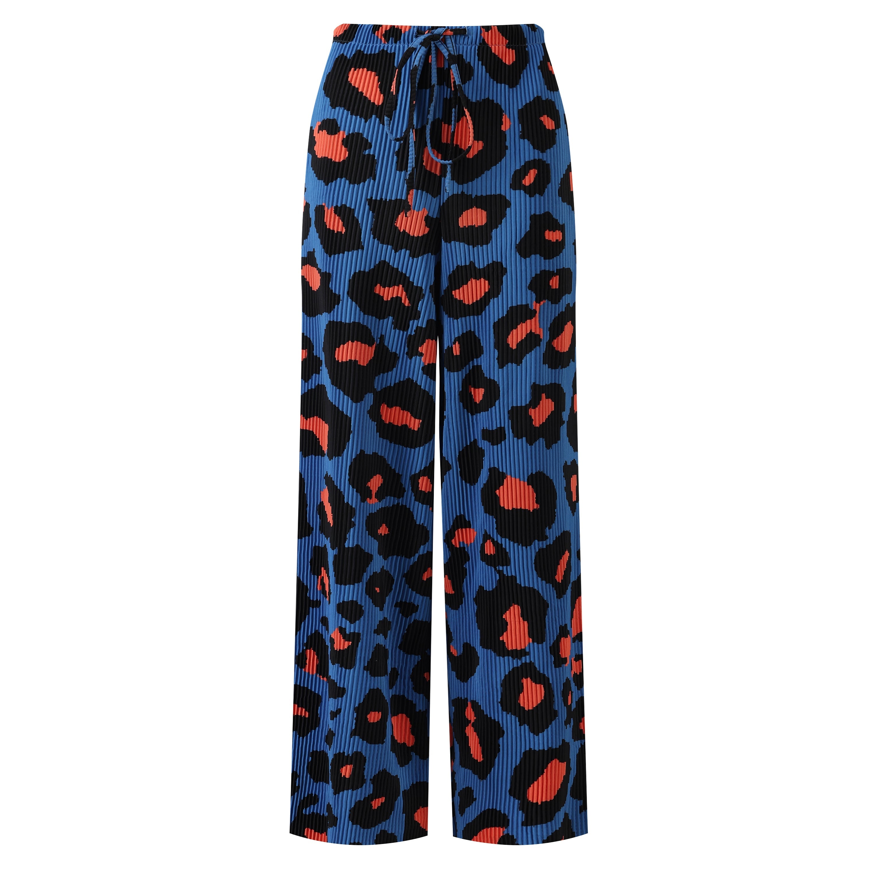 Blue Leopard Abstract Print Wide-Leg Drawstring Palazzo Pleated Pants