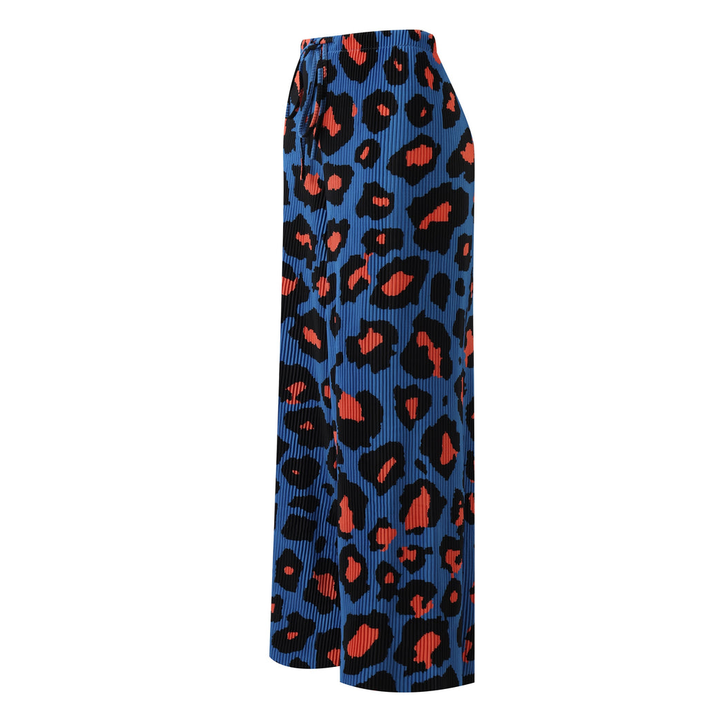 Blue Leopard Abstract Print Wide-Leg Drawstring Palazzo Pleated Pants