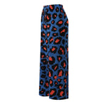 Blue Leopard Abstract Print Wide-Leg Drawstring Palazzo Pleated Pants