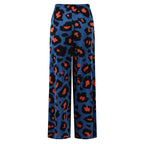 Blue Leopard Abstract Print Wide-Leg Drawstring Palazzo Pleated Pants