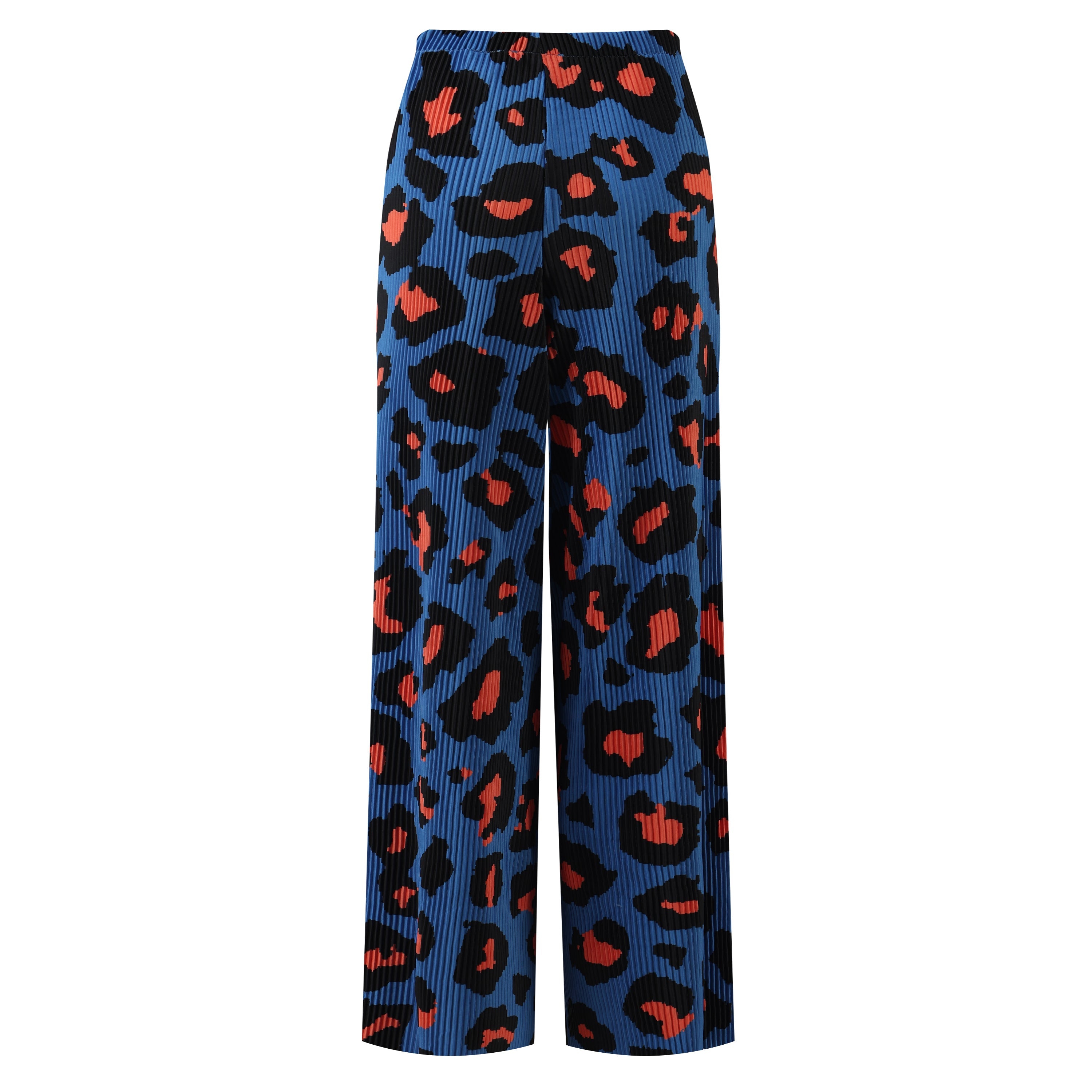 Blue Leopard Abstract Print Wide-Leg Drawstring Palazzo Pleated Pants