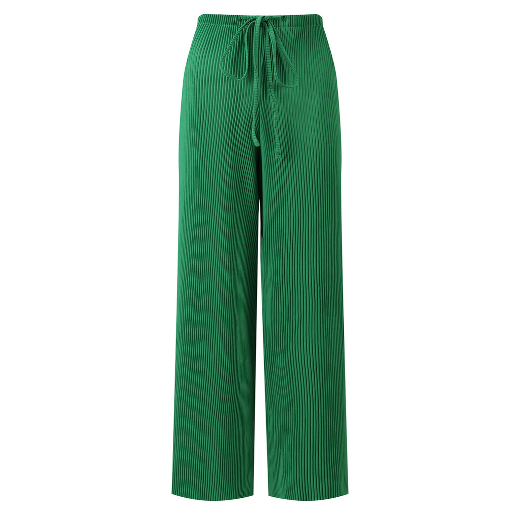 Green Wide-Leg Drawstring Pants Palazzo Pleated Pants