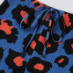 Blue Leopard Abstract Print Wide-Leg Drawstring Palazzo Pleated Pants