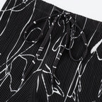 Black Line Art Abstract Print Wide-Leg Drawstring Palazzo Pleated Pants CORE(0XL-XL)