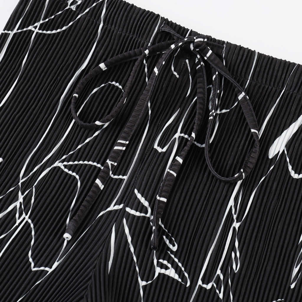 Black Line Art Abstract Print Wide-Leg Drawstring Palazzo Pleated Pants XPLUS(4XL-5XL)