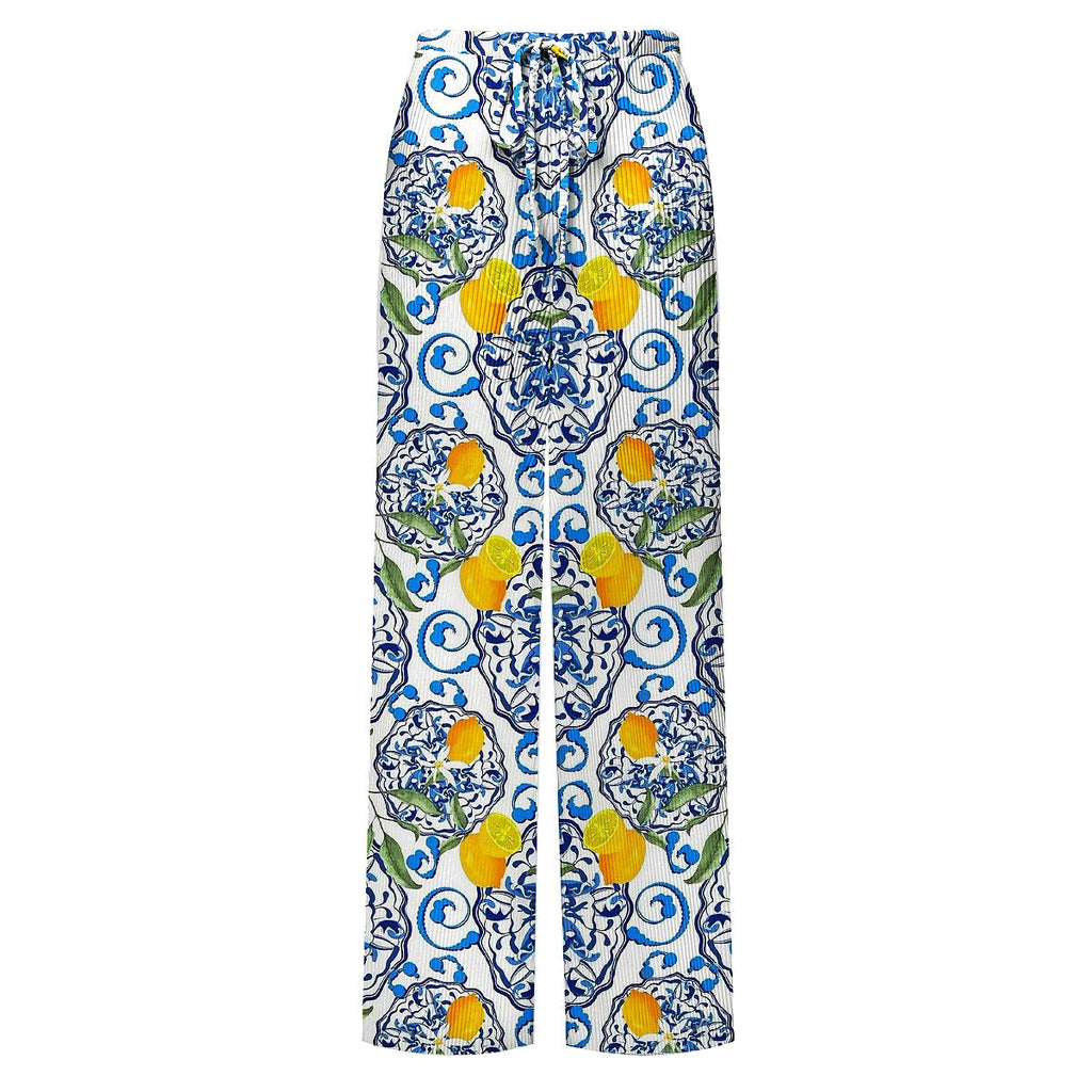 Lemon Motifs Blue Scrollwork Ornate Print One-Piece Swimsuit&Pants