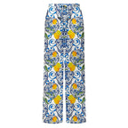 Lemon Motifs Blue Scrollwork Ornate Print One-Piece Swimsuit&Pants