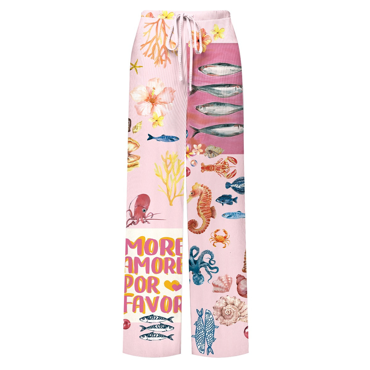Ocean Love Pink Sea Life Print Drawstring Trousers Pleated Pants