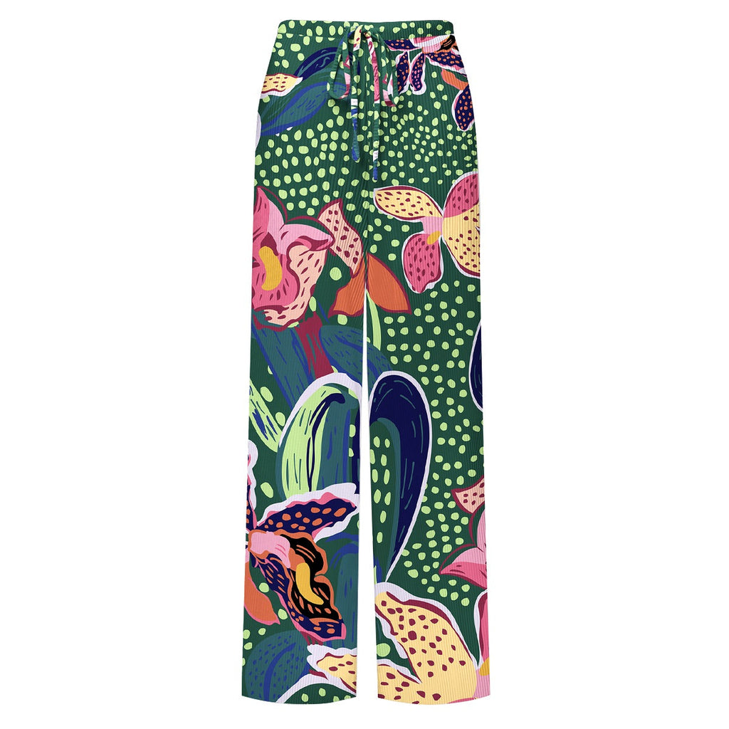 Green Parrot Tropical Exotic Flower Motifs One-Piece Swimsuit&Pants