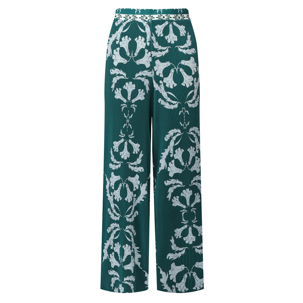 Green Flowy High-Waisted Floral Palazzo Pants Wide-Leg Trousers
