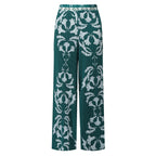 Green Flowy High-Waisted Floral Palazzo Pants Wide-Leg Trousers