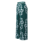 Green Flowy High-Waisted Floral Palazzo Pants Wide-Leg Trousers