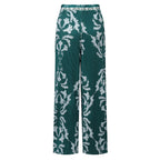 Green Flowy High-Waisted Floral Palazzo Pants Wide-Leg Trousers