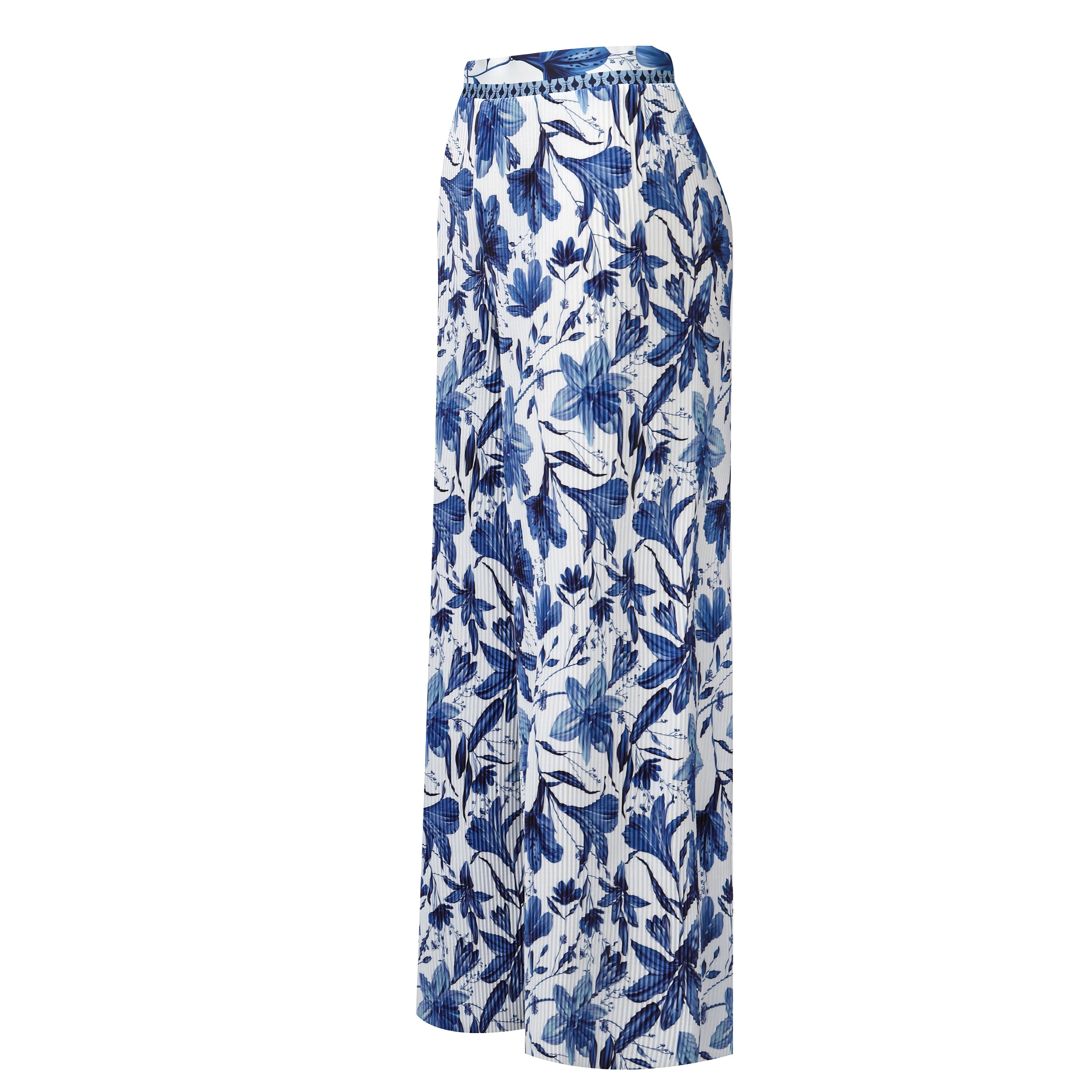 Boho Breeze Blue Floral Wide-Leg Trousers Palazzo Pants CORE(0XL-XL)