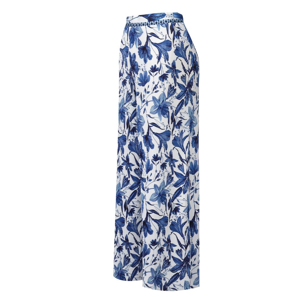 Boho Breeze Blue Floral Wide-Leg Trousers Palazzo Pants XXPLUS(6XL+)