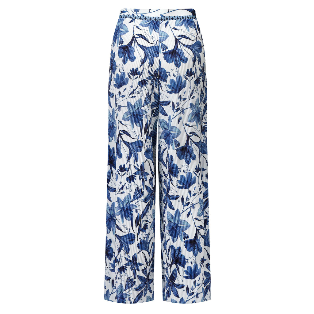 Boho Breeze Blue Floral Wide-Leg Trousers Palazzo Pants XPLUS(4XL-5XL)